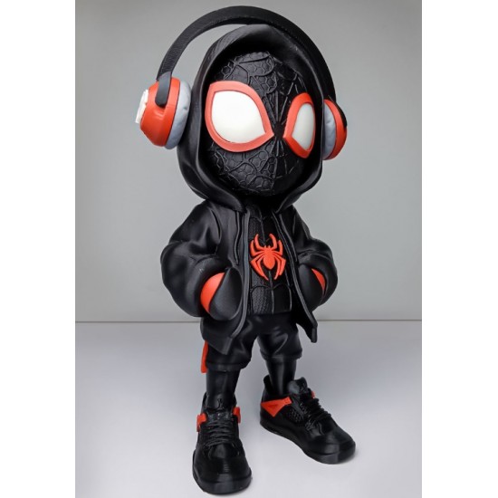 Hypebeast Miles Morales Figürü - 3D Baskı Kulaklıklı ve Hoodie li Spider-Man - Koleksiyonluk Streetwear Heykel