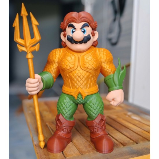 Mario as Aquaman Heykeli - 3D Baskı Marquaman Crossover Figür - Mızraklı Mario Biblo - Koleksiyonluk Gamer & DC Dekoru