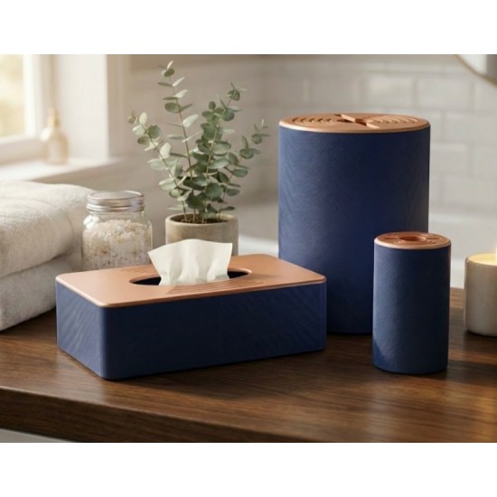 Lüks 3 lü Banyo Aksesuar Seti - Modern Lacivert Peçetelik, Fırçalık ve Düzenleyici