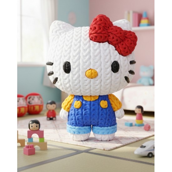 Örgü Desenli Hello Kitty Figürü - 3D Baskı Amigurumi Görünümlü Sanrio Koleksiyon Biblosu