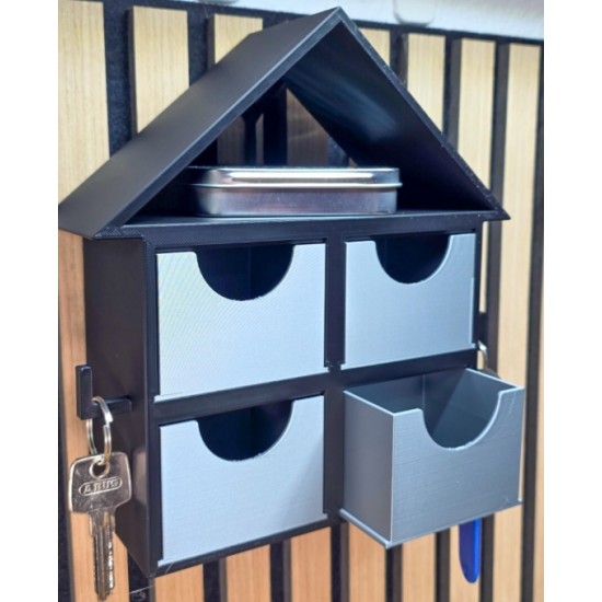 Duvara Monte Anahtarlık ve Çekmeceli Organizer - 3D Yazıcı Ev Tasarımlı Takı Kutusu - Minimalist Masaüstü Düzenleyici - 4 Çekmeceli Ev Objesi