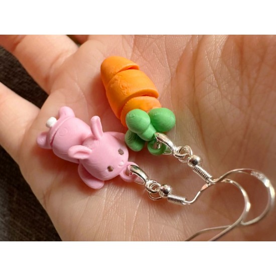 3D Tasarım Sevimli Pembe Tavşan ve Havuç Küpe - El Yapımı Kawaii Aksesuar Seti