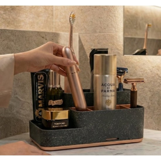 Lüks Banyo ve Makyaj Organizeri - Rose Gold Detaylı Antrasit Düzenleyici Set