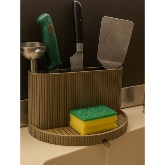 Modern Tahliyeli Mutfak Düzenleyici - 3D Tasarım Lavabo Kenarı Bıçak ve Sünger Standı & Su Akıtma Kanallı Estetik Tezgah Organizer
